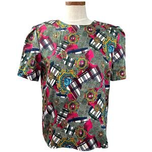 Laura Winston Vintage 80s Satin Gemstone Print Blouse S Power Shoulder Jewel